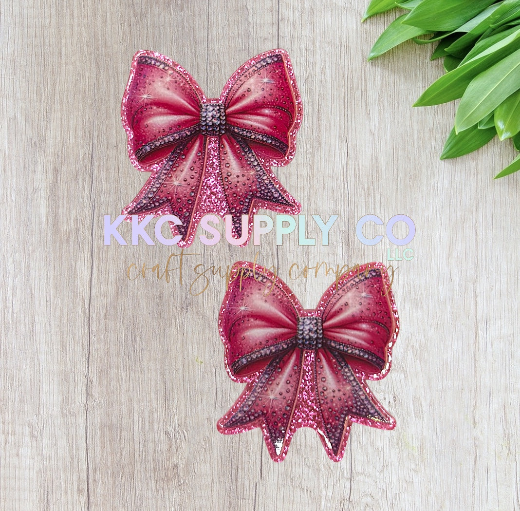 AT260-Pink Glitter Faux Rhinestone Bow-Acrylic Flatback