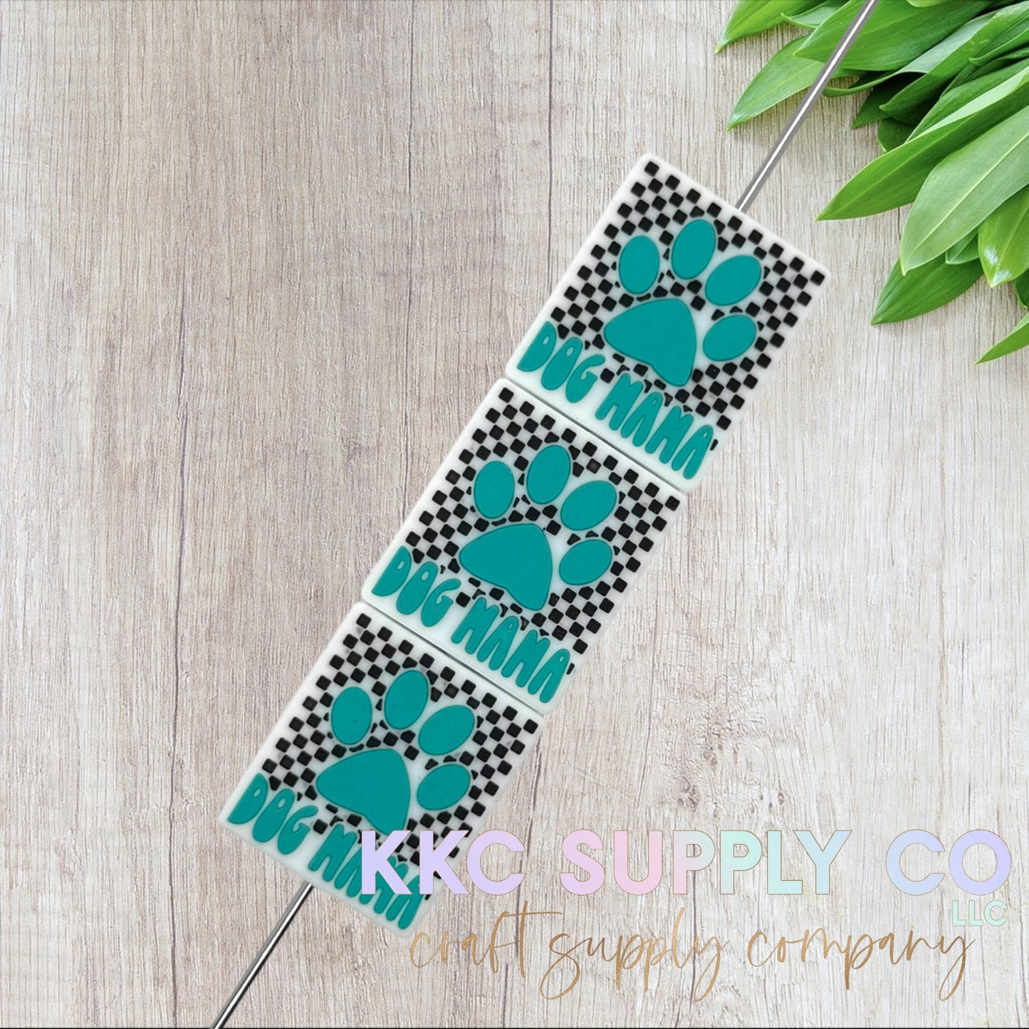 Checker Turquoise Dog Mama Silicone Focal Bead