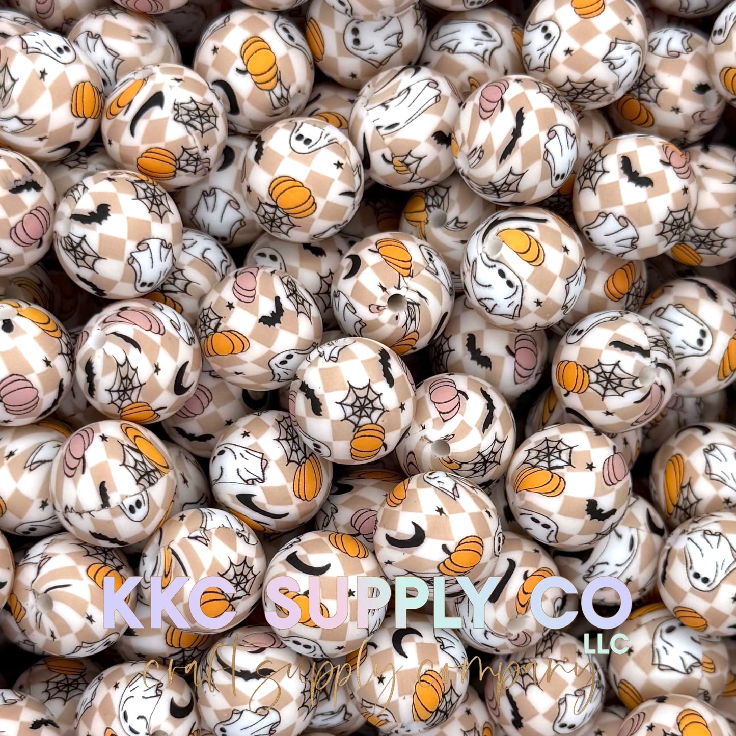 SP258-Checker Pumpkin Boo Silicone Bead 15mm