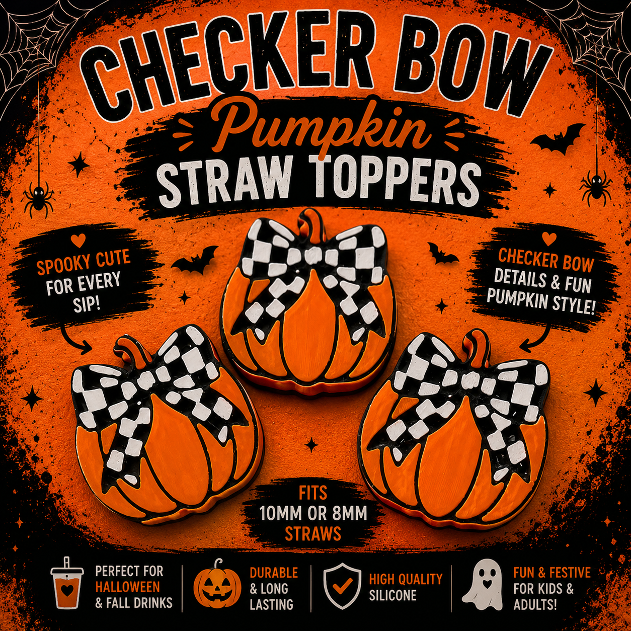 3D Printed Checker Bow Pumpkin Straw Topper