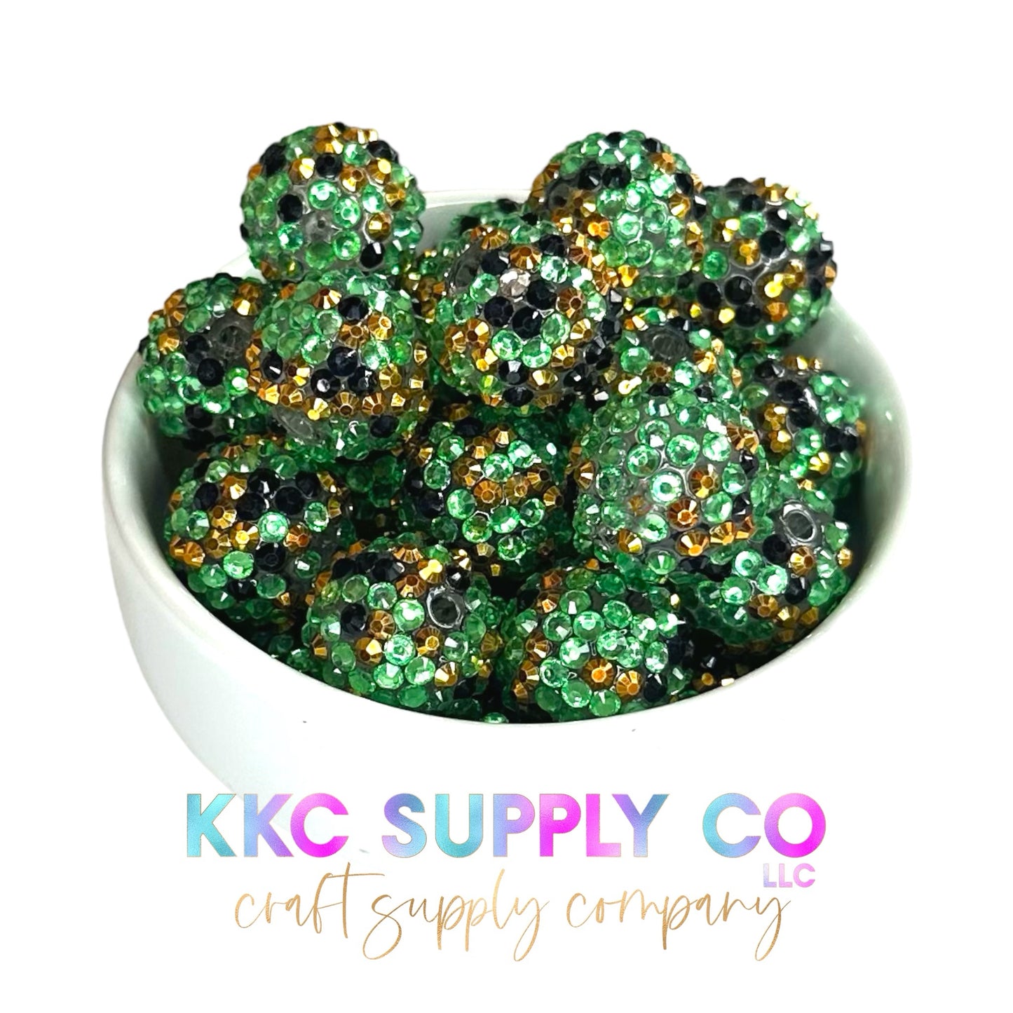 Green, Black & Gold Confetti Rhinestone Bubblegum Bead 20mm