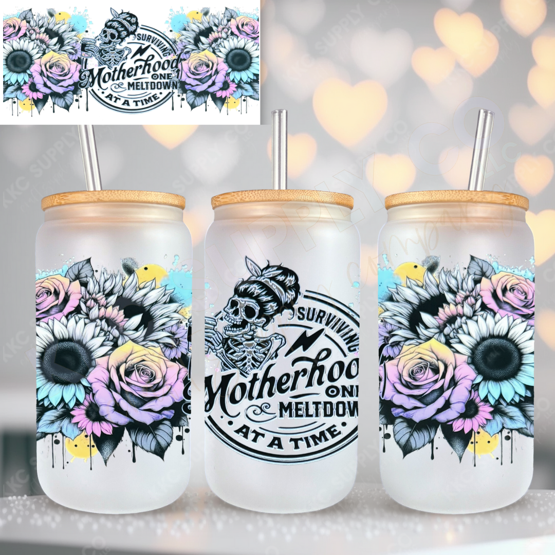 UV16742-Surviving Motherhood One Meltdown At A Time 16oz UV DTF Wrap