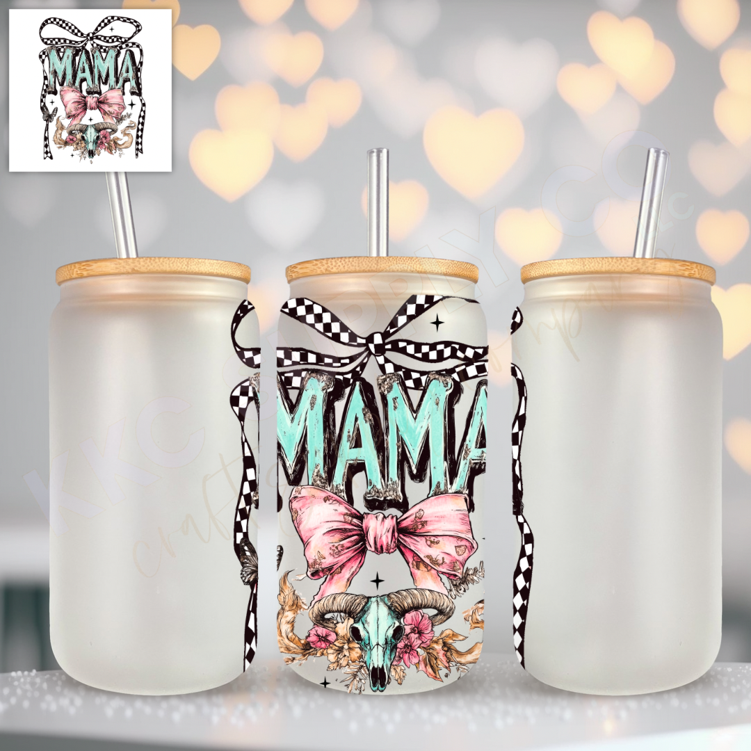 UV16677-Checker Blue Bow Western Mama UV DTF Decal