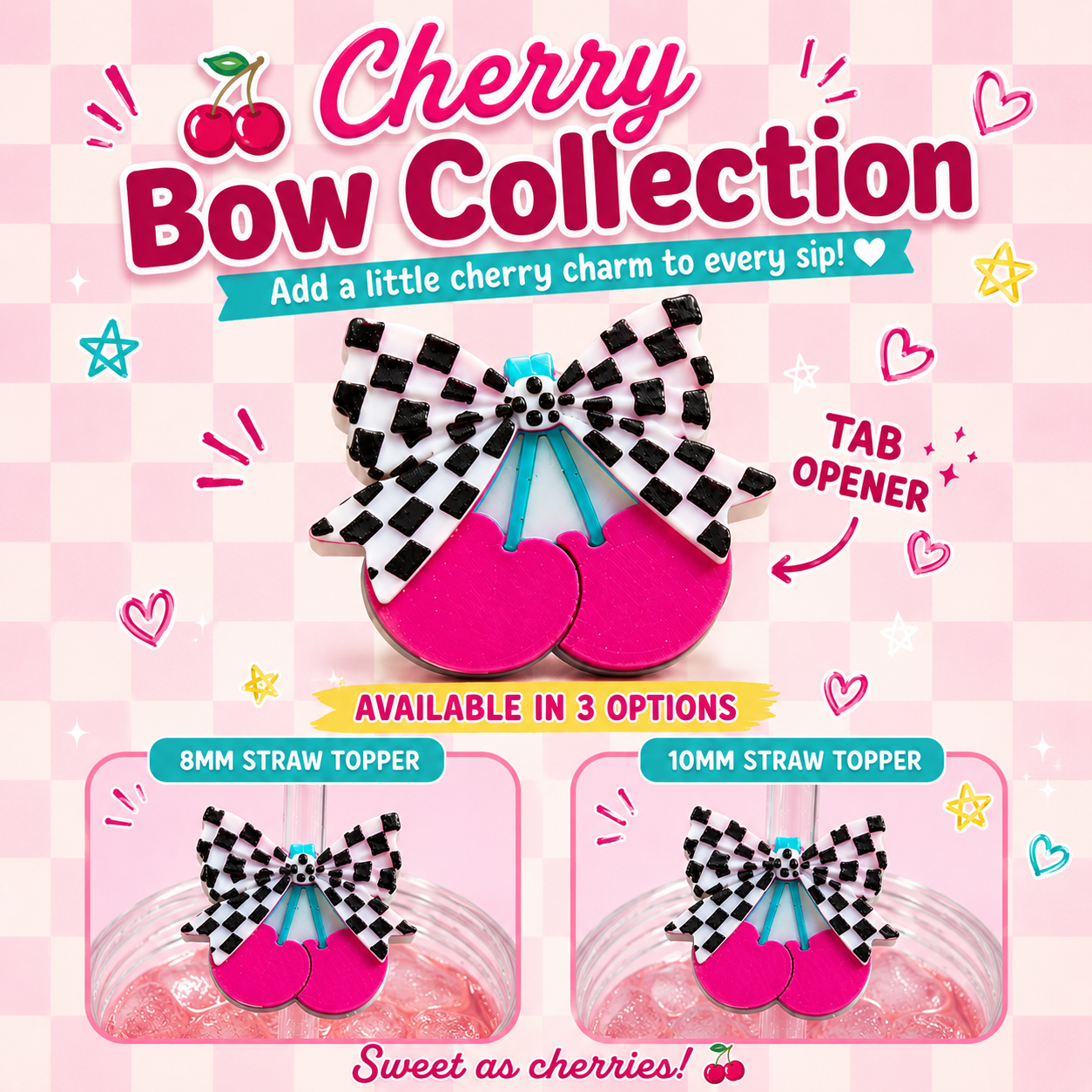 3D Printed Checker Bow Cherry Soda Tab Opener Keychain or Straw Topper