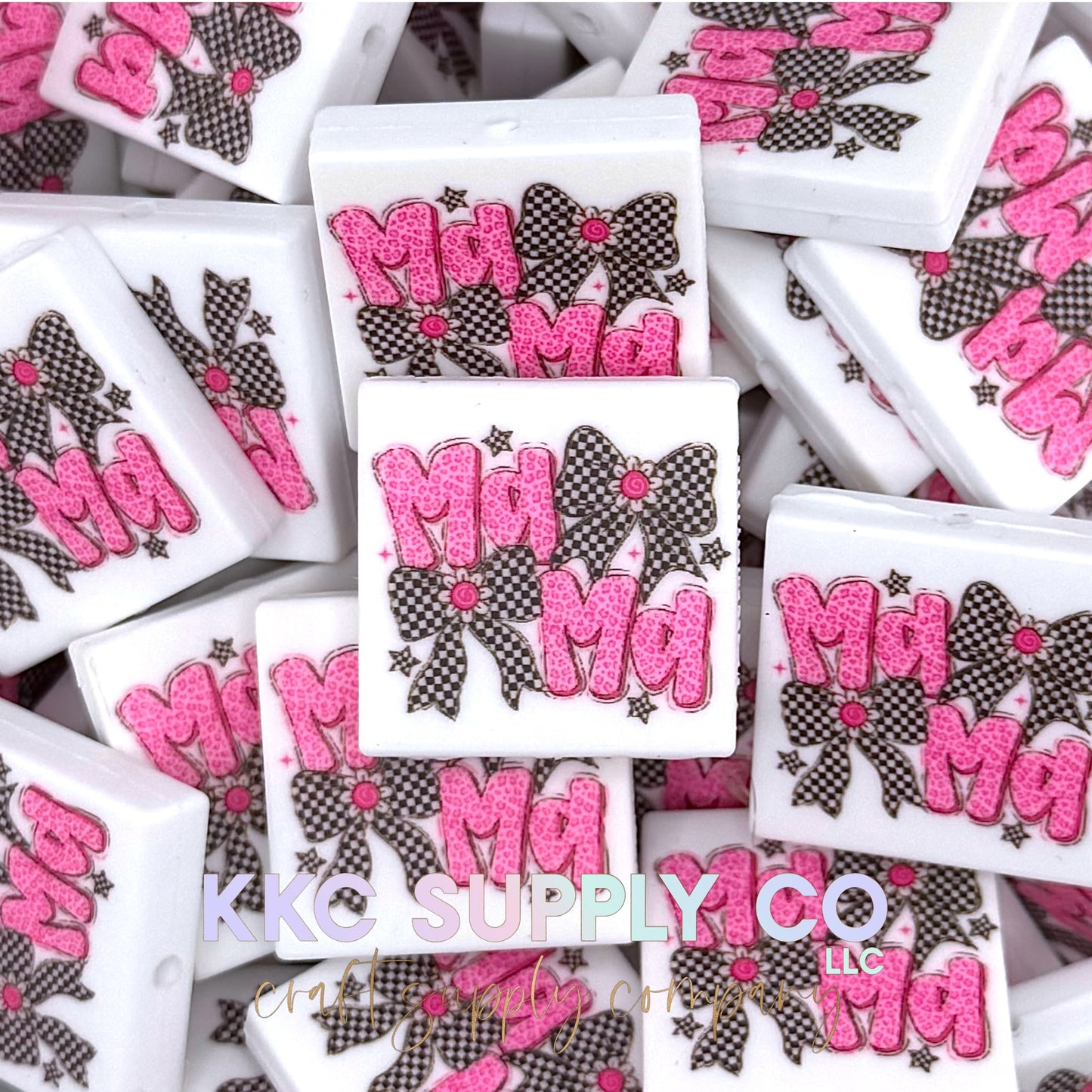 Checker and Pink Leopard Mama Printed Silicone Focal Bead