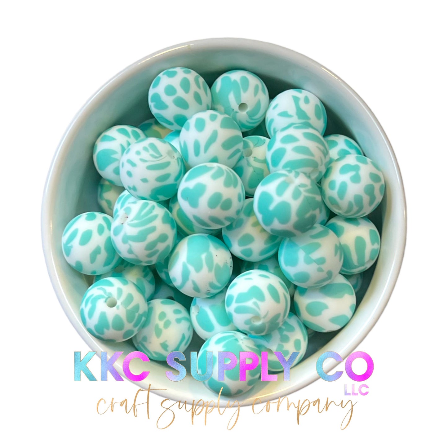 SP34-Teal and White Cow Print Silicone Bead 15mm