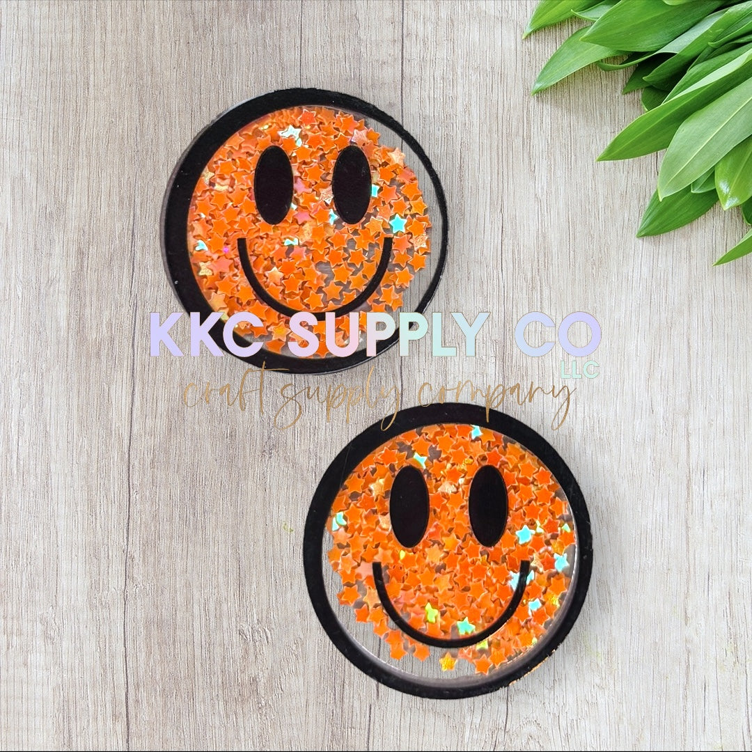 AT207-Happy Face Glitter Shaker-Acrylic Flatback - Orange