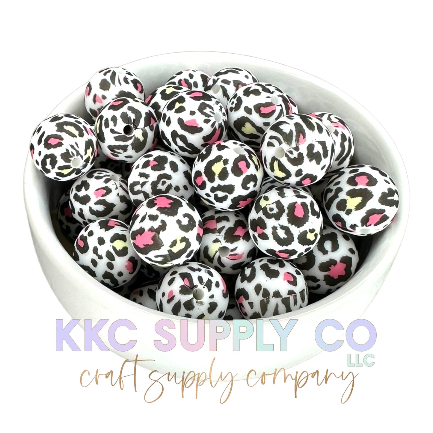 SP114-Pink and Yellow Leopard Print Silicone Bead 15mm