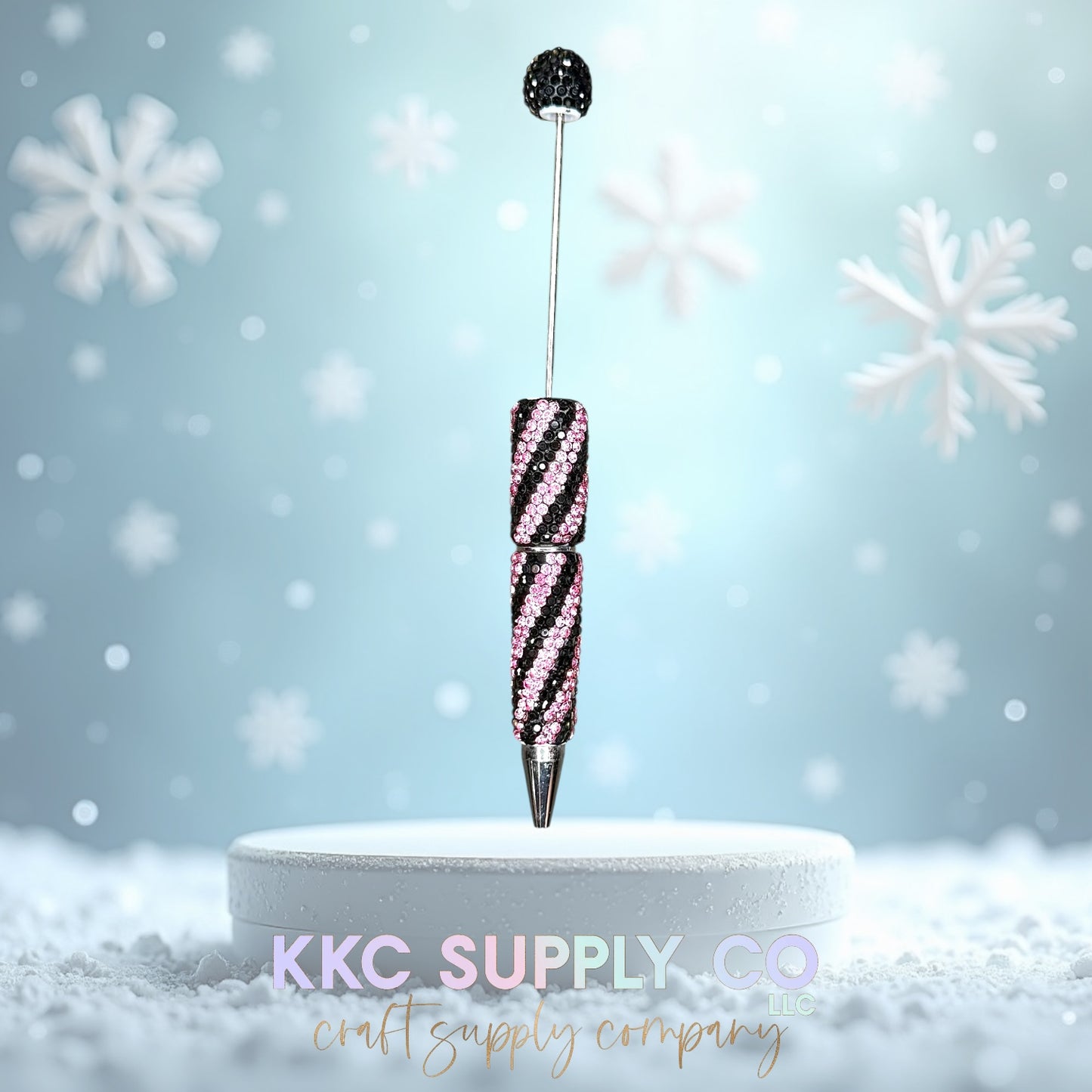 Light Pink and Black Swirl Rhinestone Beadable Pen