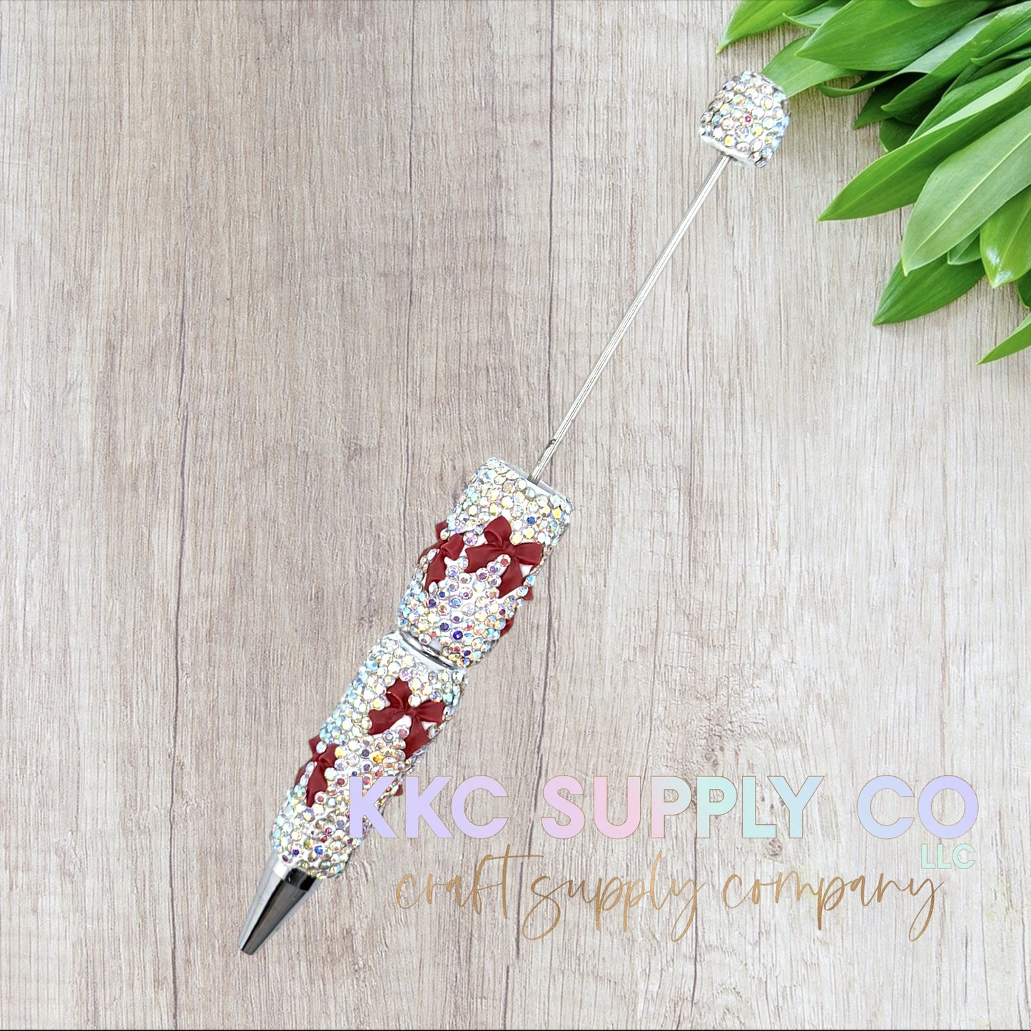 Matte Dark Red Bow Rhinestone Beadable Pen