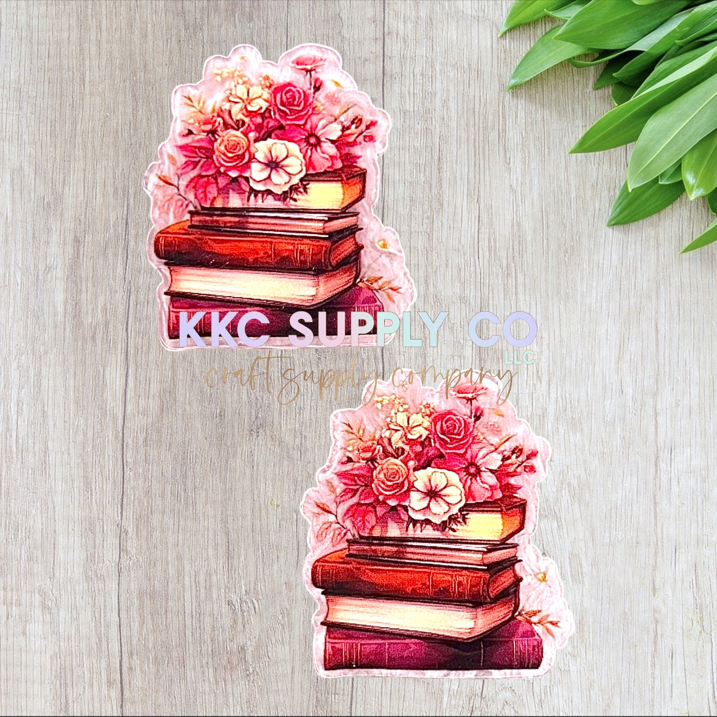 AT454-Pink Floral Book Stack-Acrylic Flatback