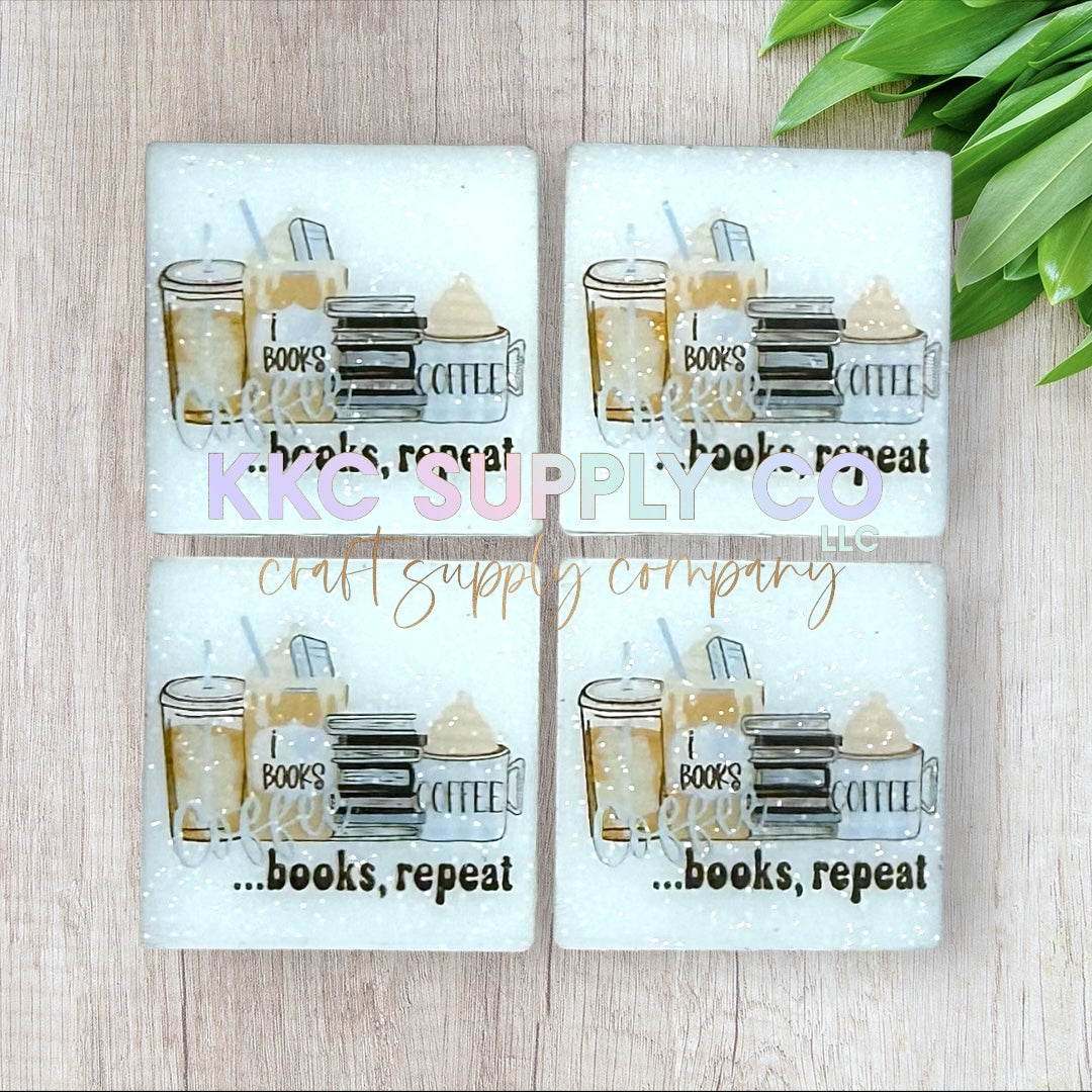 Coffee, Books, Repeat Glitter Square Printed Silicone Focal Bead-KKCSC Custom