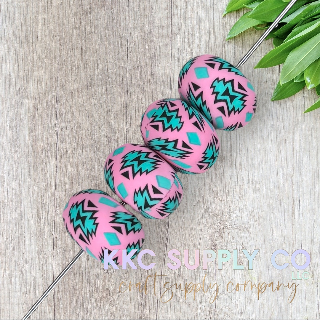 SP111-Turquoise and Pink Aztec Silicone Abacus Bead 23mm