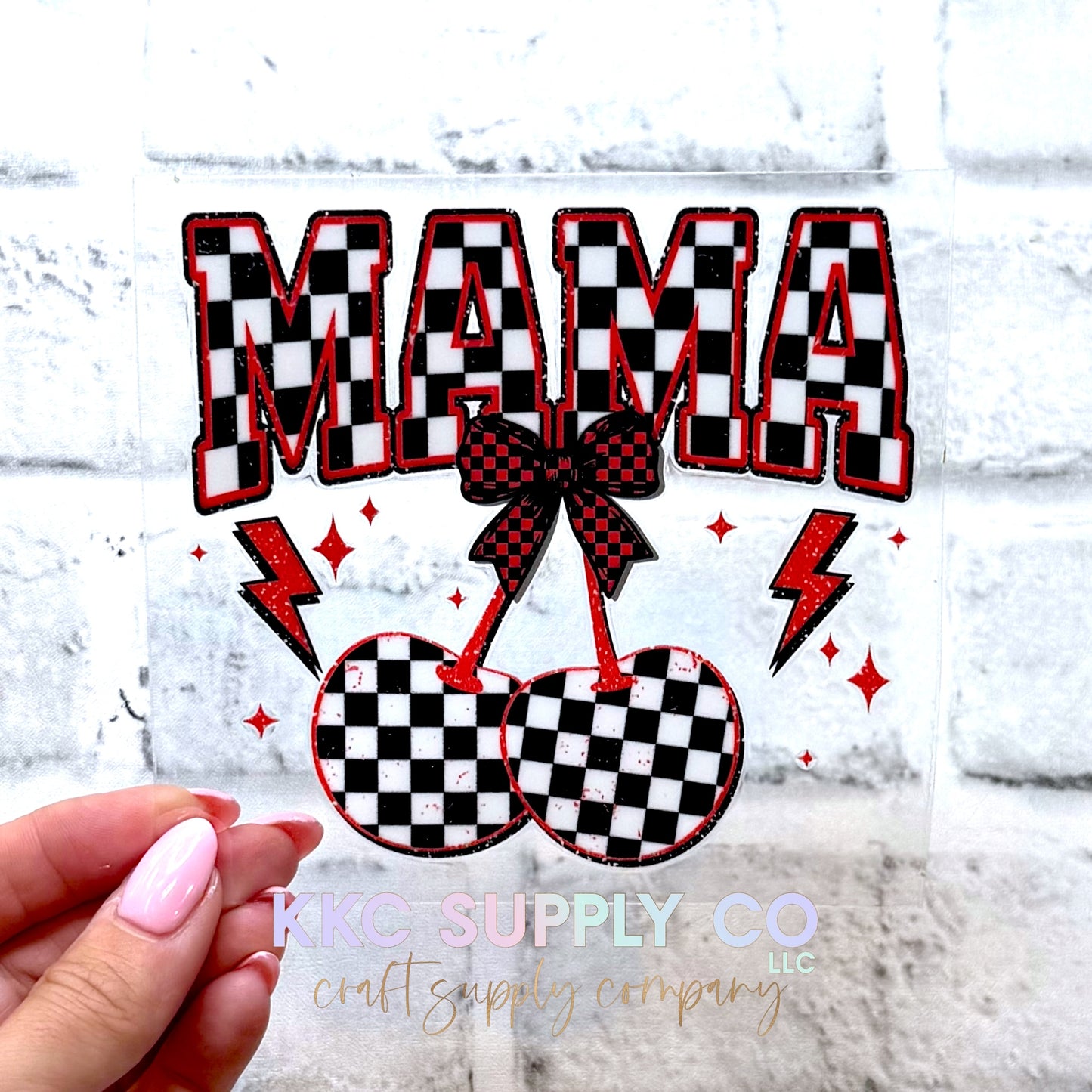 UV16692-Cherry Checker Mama UV DTF Decal