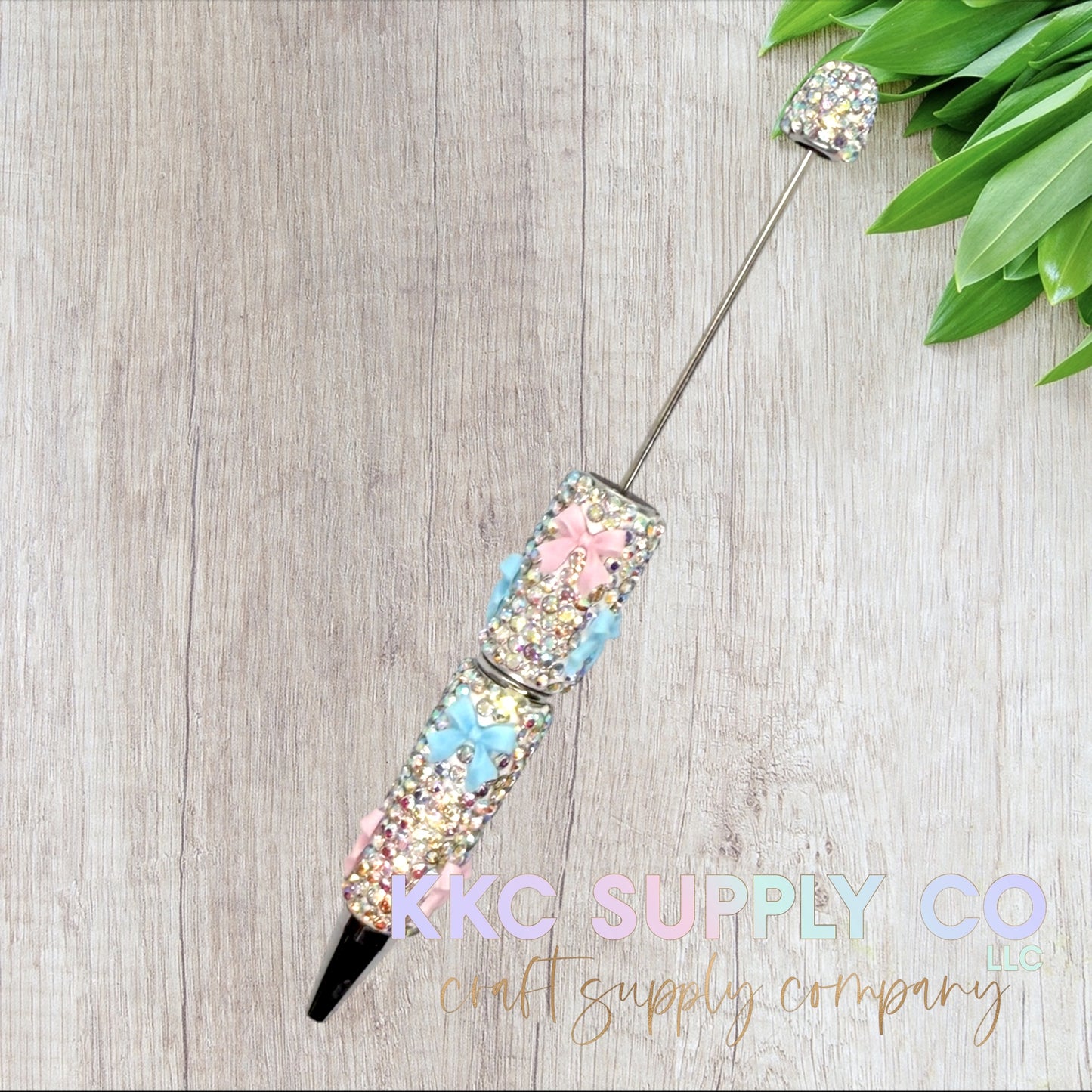 Rhinestone Beadable Pen With Bow Charms-Silver AB