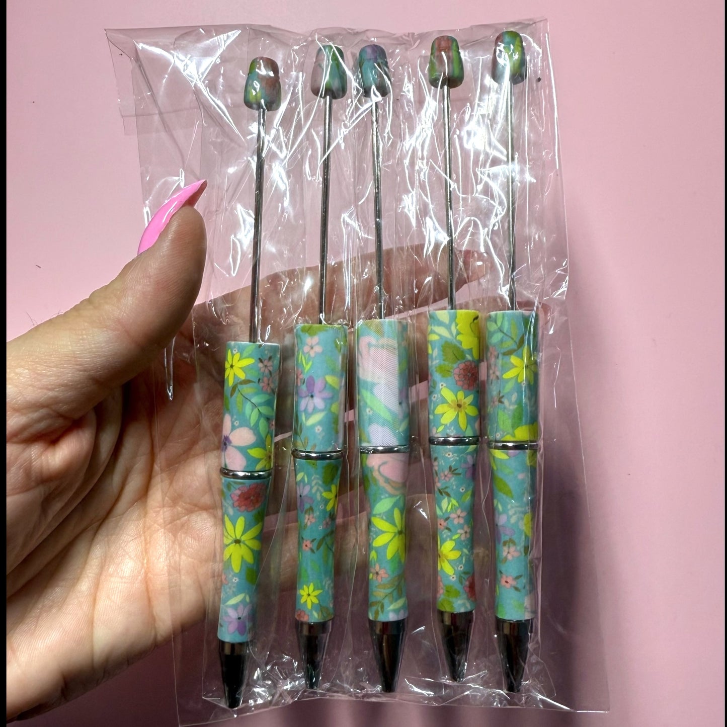 Green Floral Printed Beadable Pen Destash Pack - 5 Count