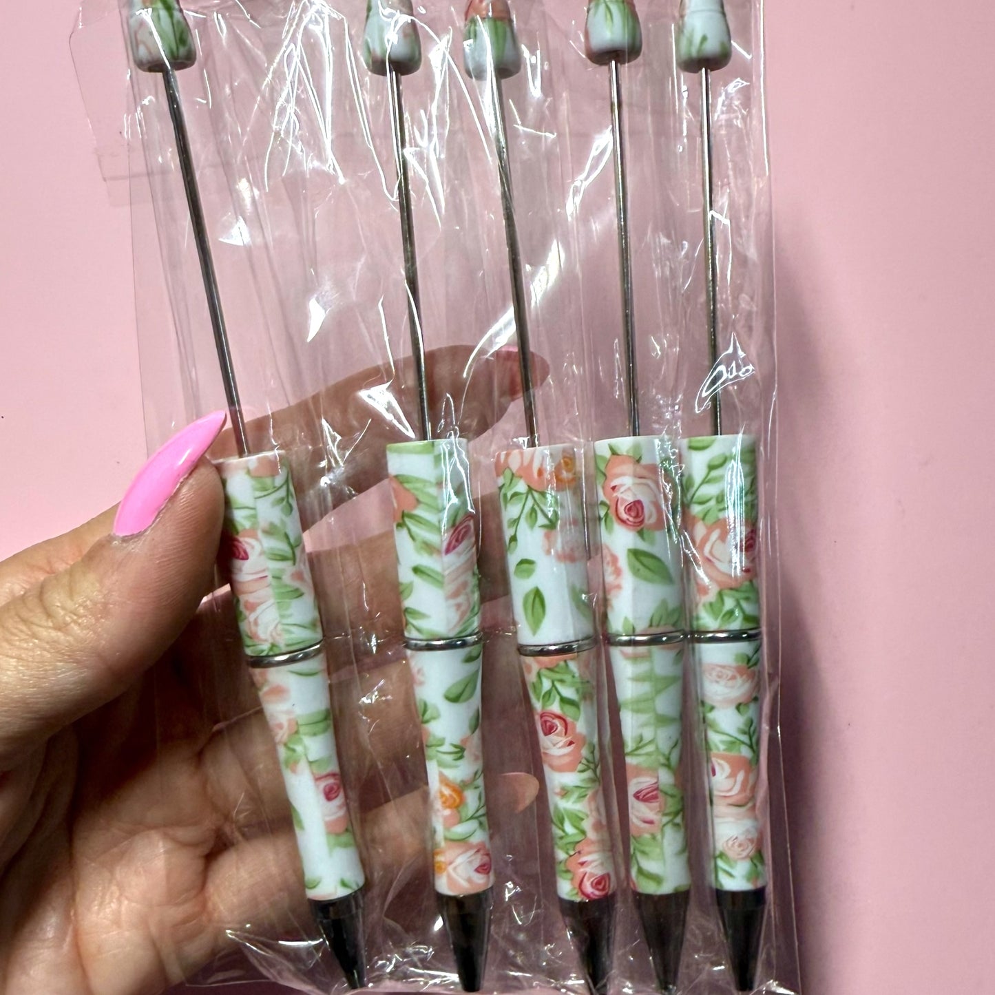 Pink Rose Printed Beadable Pen Destash Pack - 5 Count