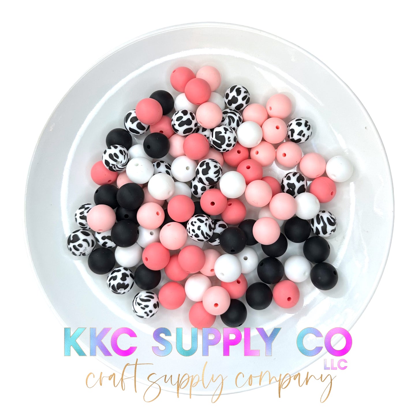 Pink Cow Print 15mm Silicone Bead Mix-50 Count
