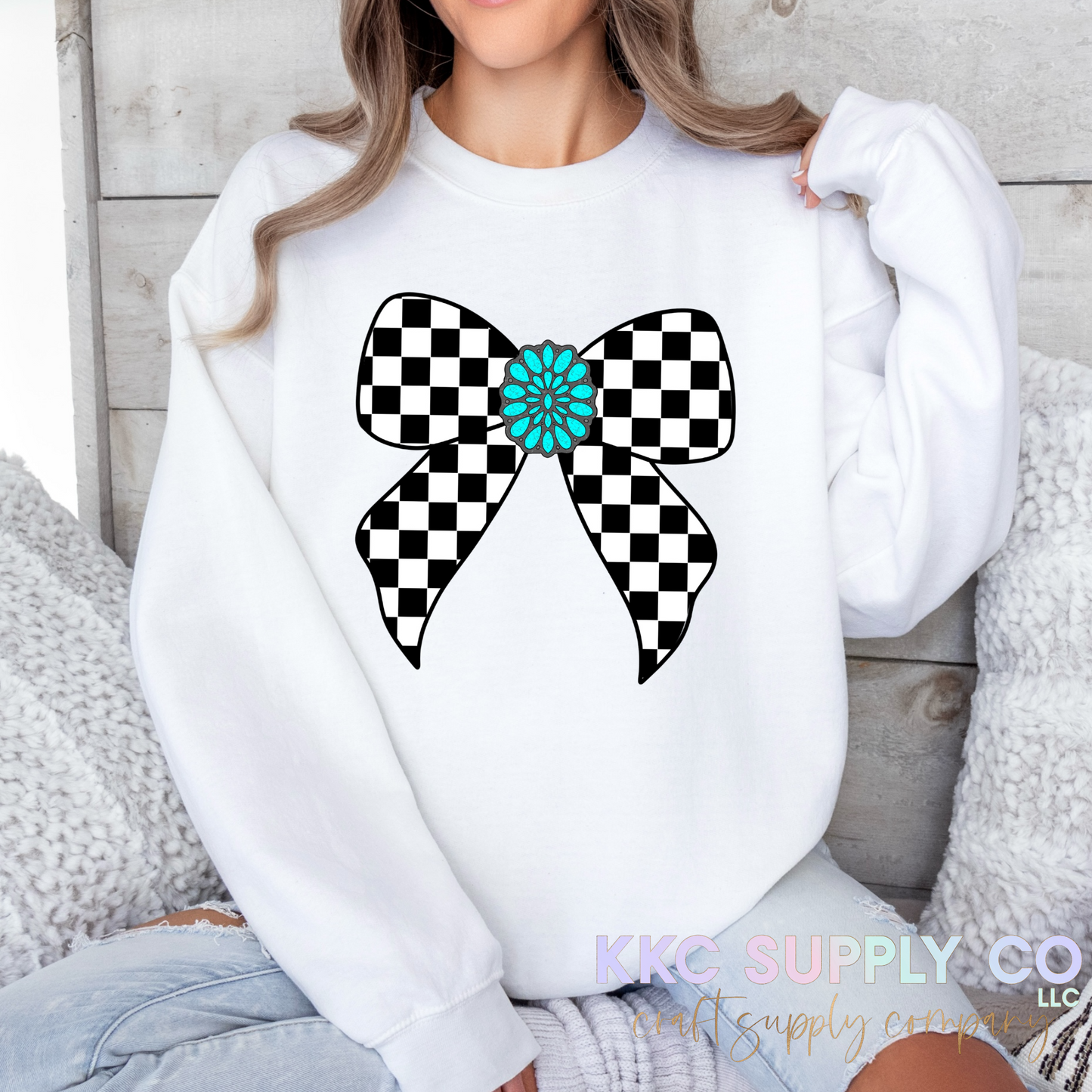 #177-Checker Turquoise Bow T-Shirt Transfer