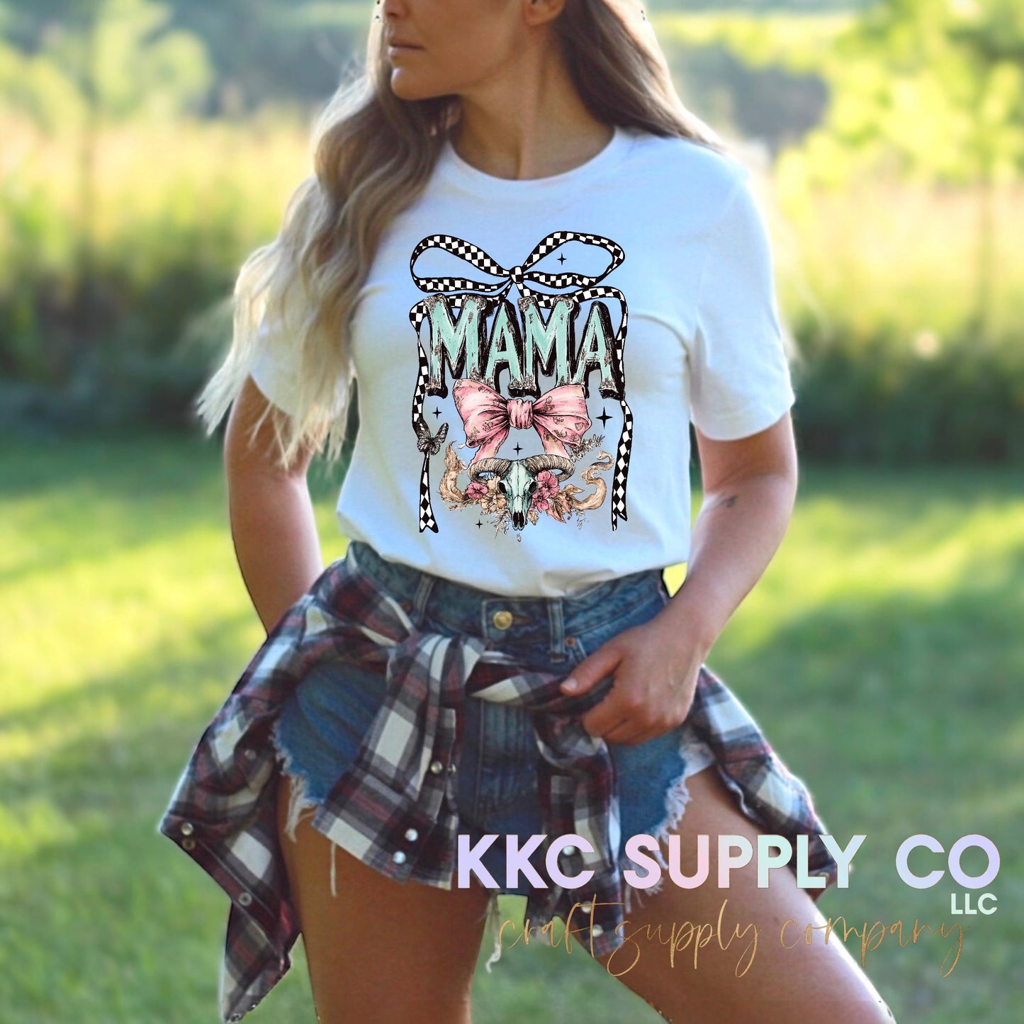 #166-Checker Blue Bow Western Mama T-Shirt Transfer