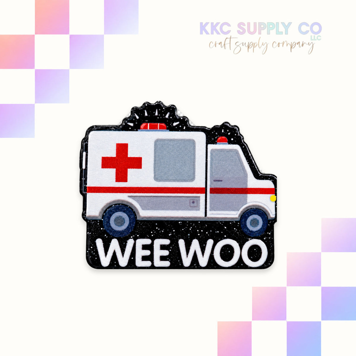 AT18-Wee Woo Ambulance-Acrylic Badge Reel Topper on KKC Supply Co faded pastel checker background