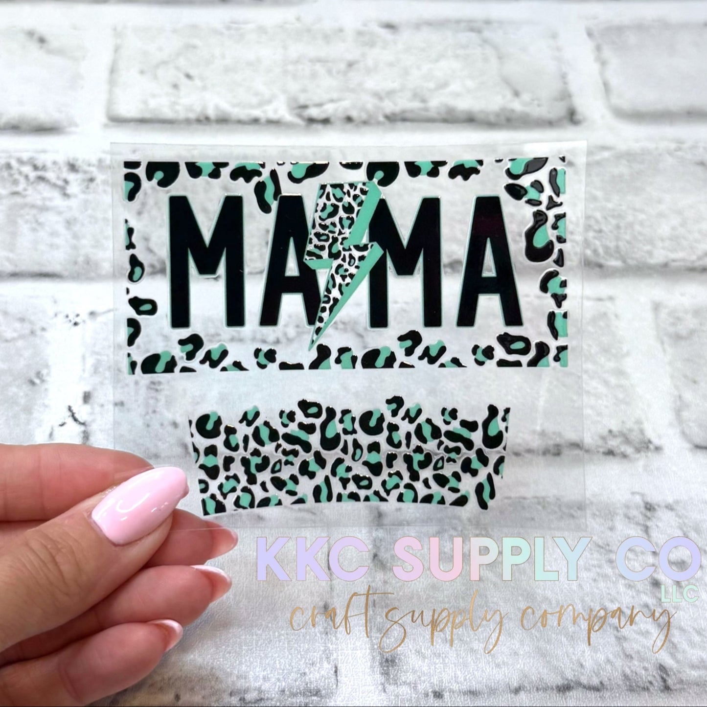 TKUV71-Teal Leopard Mama Mini Tumbler Keychain UV DTF Decal