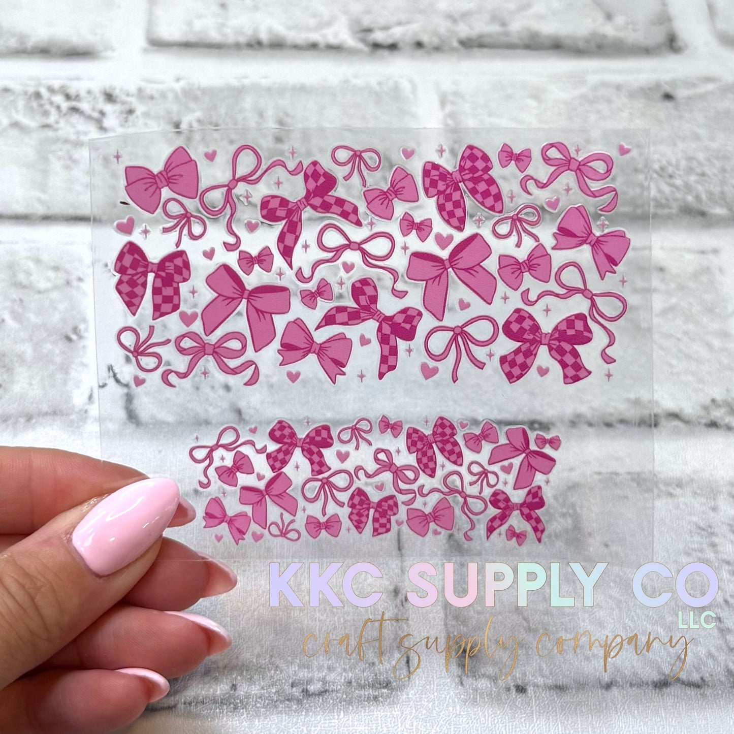 TKUV66-Pink Checker Coquette Bow Mini Tumbler Keychain UV DTF Decal