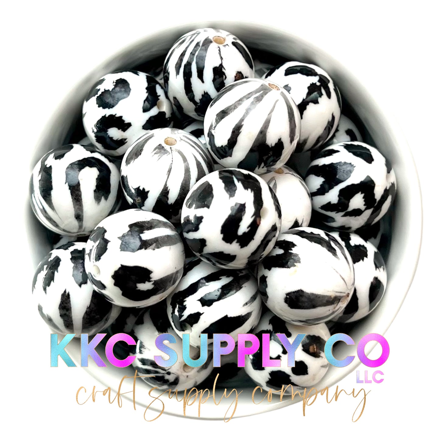 Distressed Black and White Leopard Print Bubblegum Bead 20mm