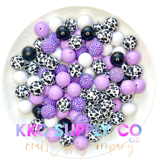 Purple and Black/White Cow Print Bubblegum Bead Mix 20mm