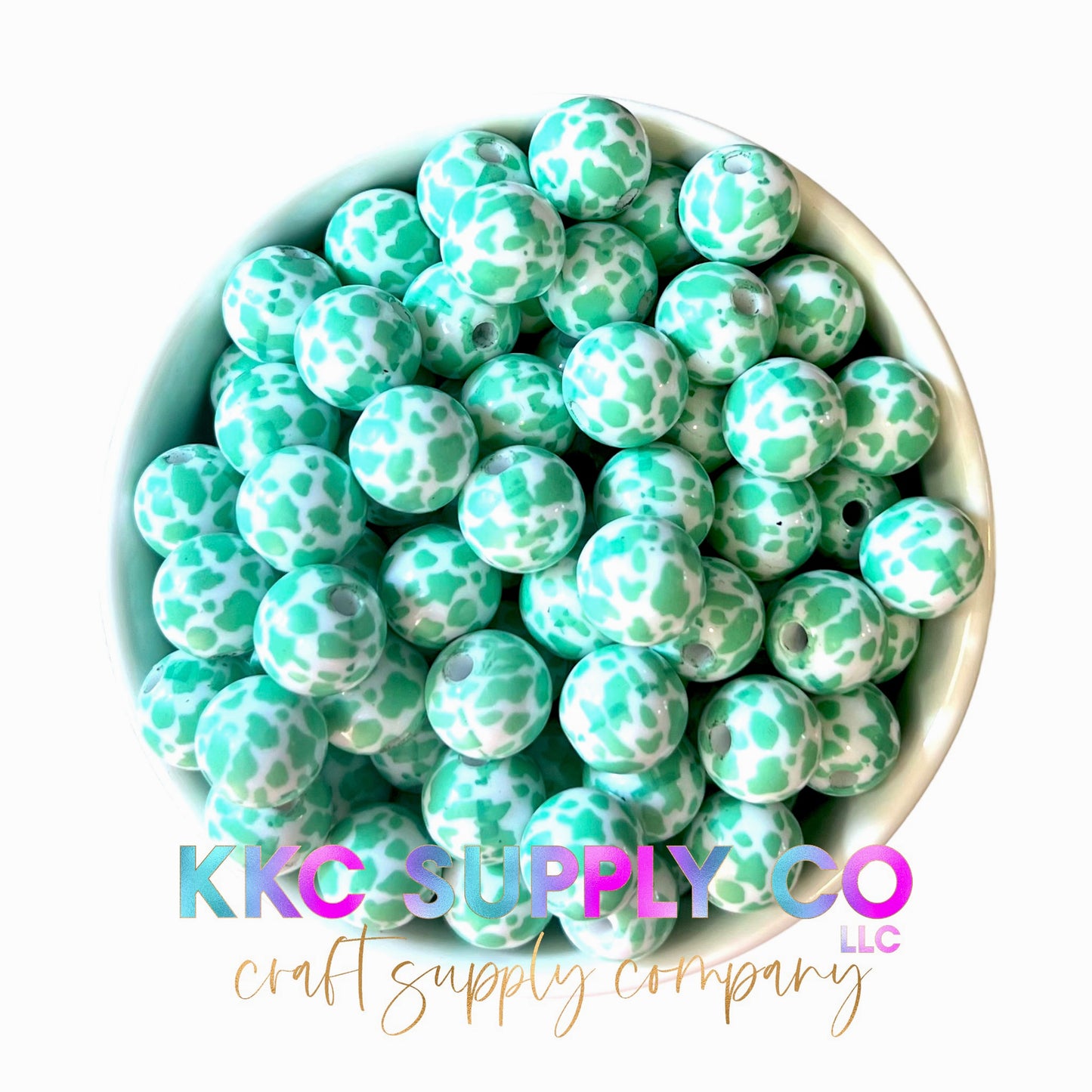 Teal and White Cow Print Bubblegum Bead 12mm