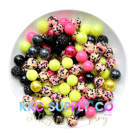 Hot Pink, Black and Yellow Bubblegum Bead Mix 20mm