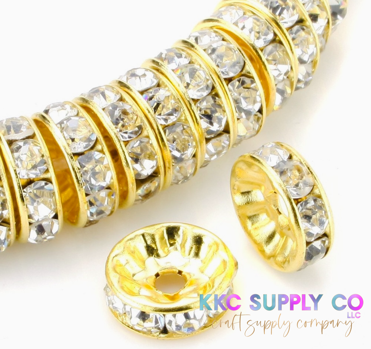 Clear Rhinestone Gold Spacer Bead 8mm or 10mm – KKC Supply Clear Rhinestone Gold Spacer Bead 8mm or 10mm – KKC Supply