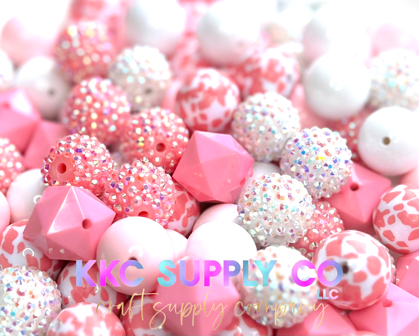 Pink Cow Print and White Bubblegum Bead Mix 20mm