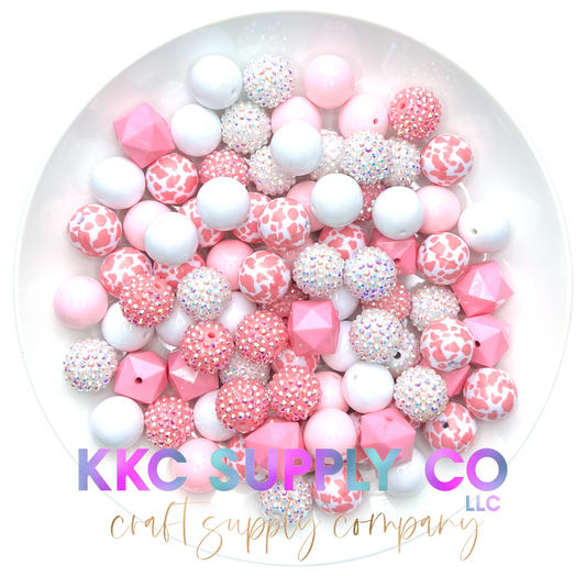 Pink Cow Print and White Bubblegum Bead Mix 20mm