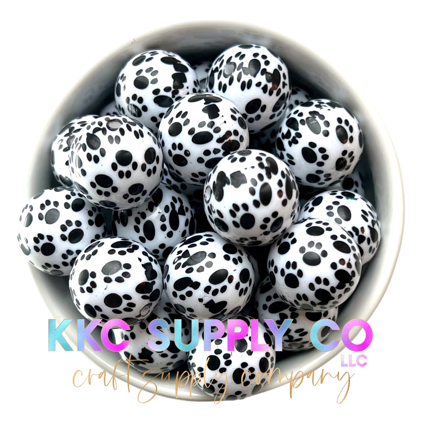 Paw Print Black and White Bubblegum Bead 20mm