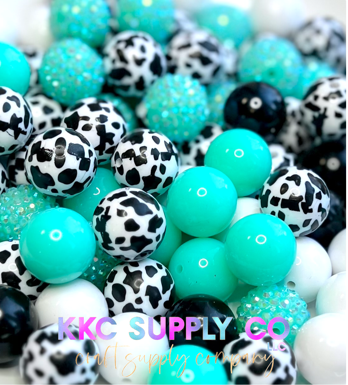 Teal and Black/White Cow Print Bubblegum Bead Mix 20mm *Best Seller*