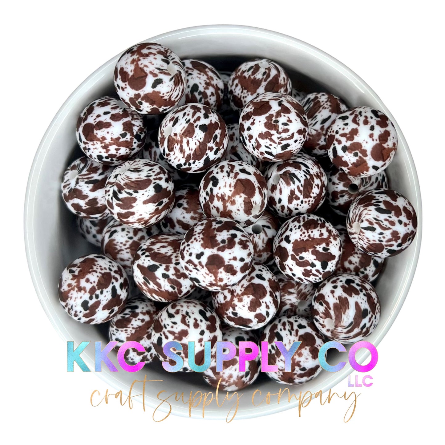 SP25-Brown/Black and White Cow Hide 15mm Print Silicone Bead