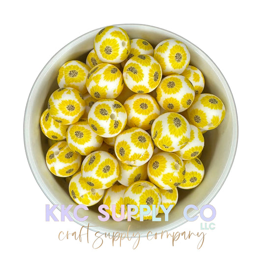 SP131-Small White Sunflower Print Silicone Bead 15mm