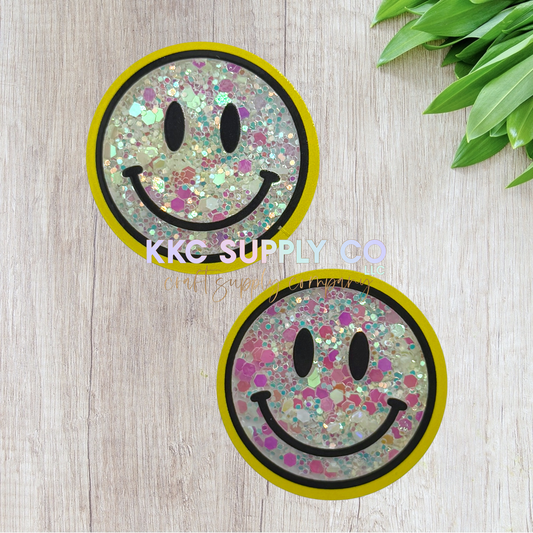 AT643-Yellow Happy Face Glitter Shaker-Acrylic Flatback-Iridescent Glitter