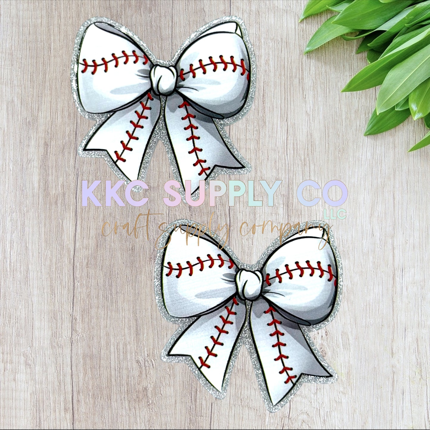 AT268-Baseball Bow-Acrylic Flatback - Silver Glitter