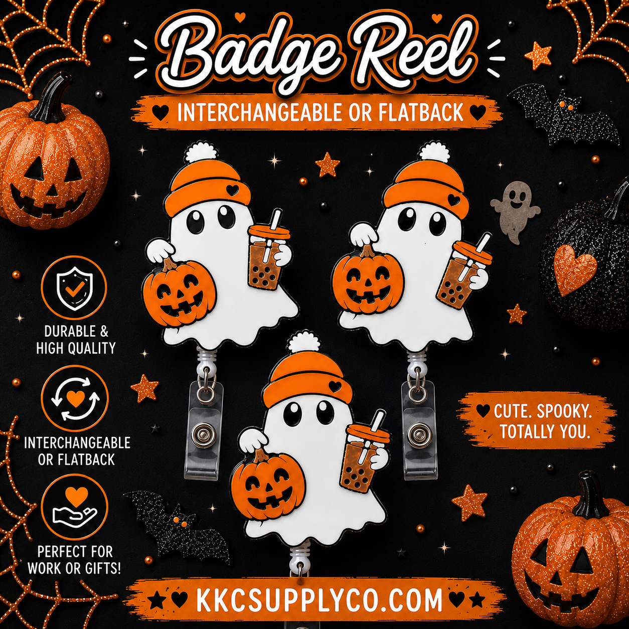 3D Printed Halloween Ghost Badge Reel Topper-Interchangeable or Flatback