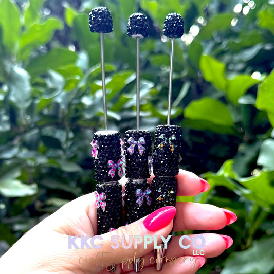 Rhinestone Beadable Pen With Opal Checker Bow Charms-Black