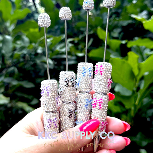 Rhinestone Beadable Pen With Opal Checker Bow Charms