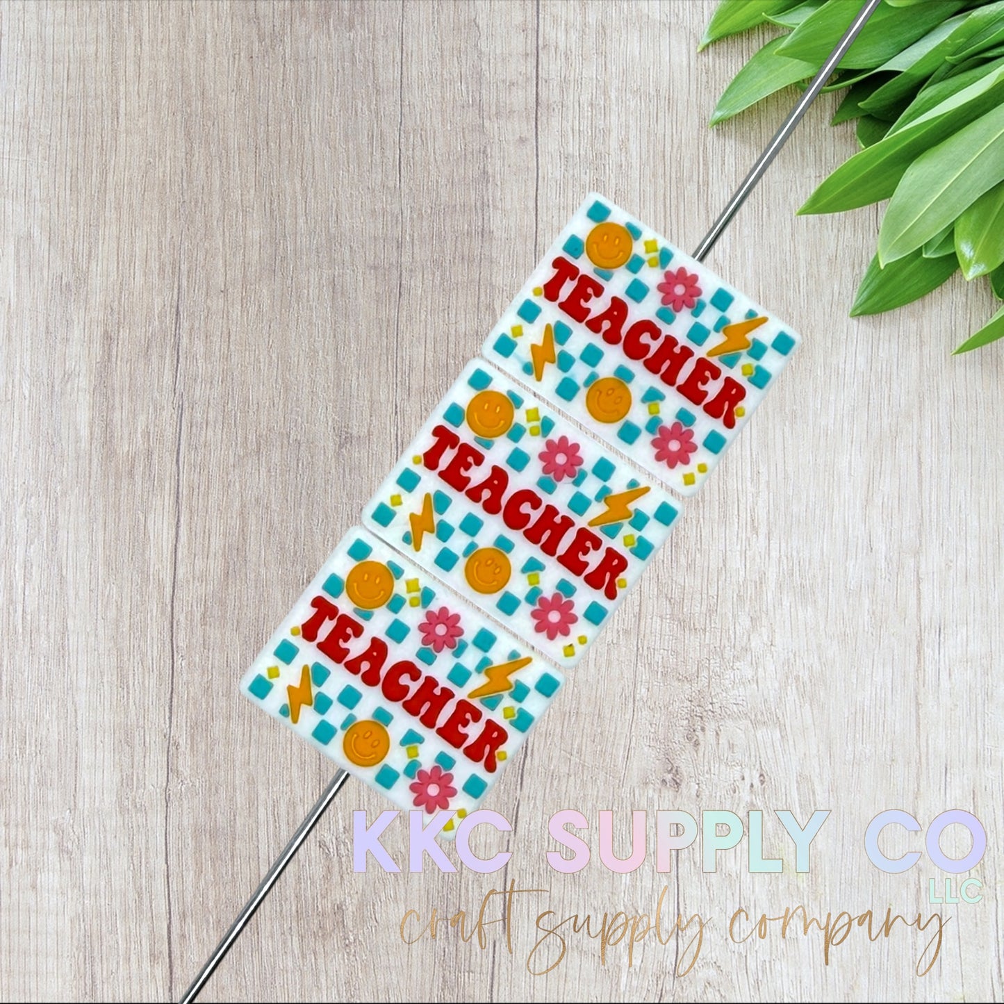 Blue Checker Teacher Silicone Focal Bead