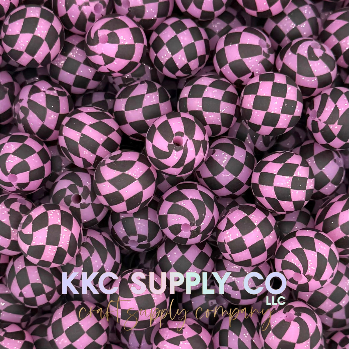 SGL69-Pink Checker Glitter Silicone Bead 15mm