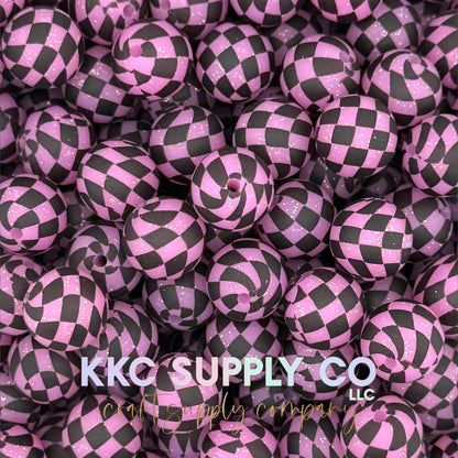 SGL69-Pink Checker Glitter Silicone Bead 15mm