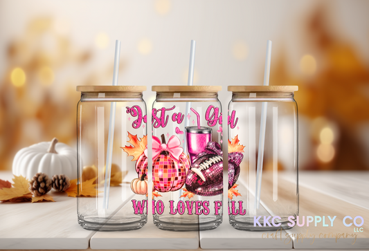 UV16340-Just A Girl Who Loves Fall and Pink UV DTF Decal