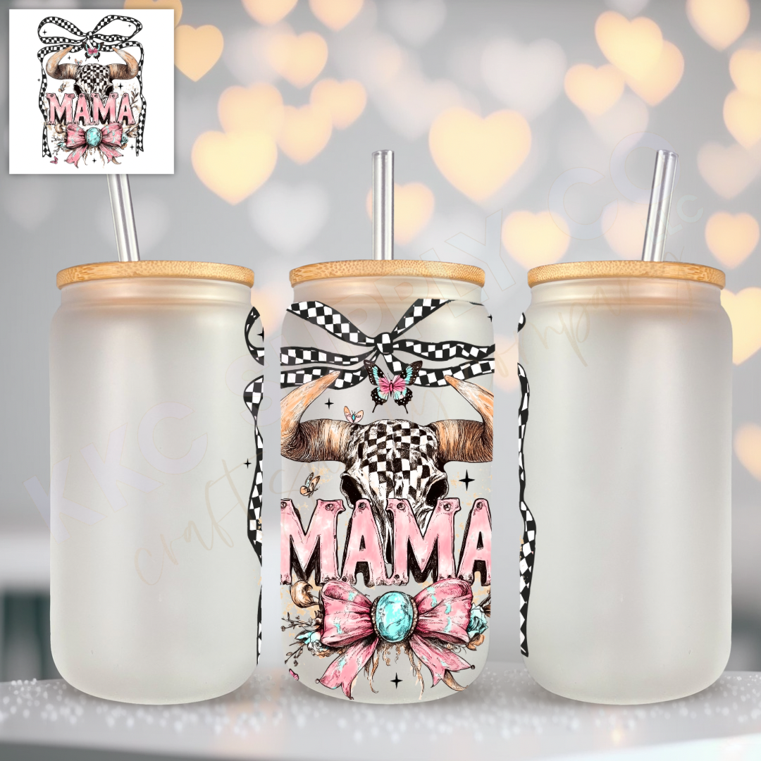 UV16678-Checker Pink Bow Western Mama UV DTF Decal