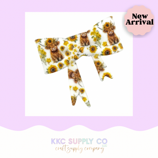 Sunflower Highland Cow Large Bow Silicone Focal Bead