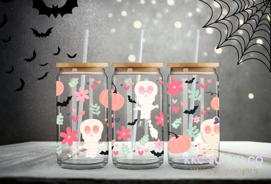 UV16539-Floral Skeleton and Pumpkins 16oz UV DTF Wrap